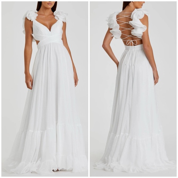 New Mac Duggal White Ruffle Tiered Cut Out Chiffon Gown Maxi Dress Bridal Sz 6 - Picture 1 of 15